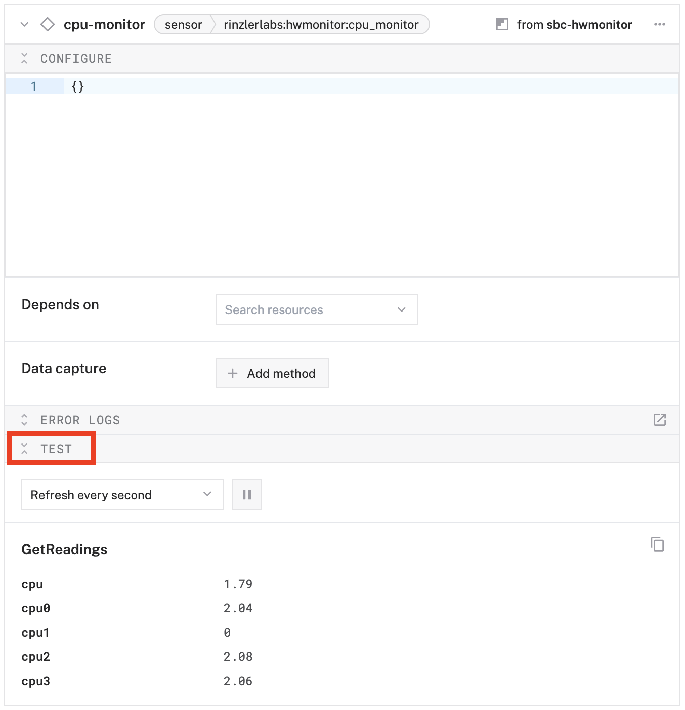 Test panel with readings displayed.