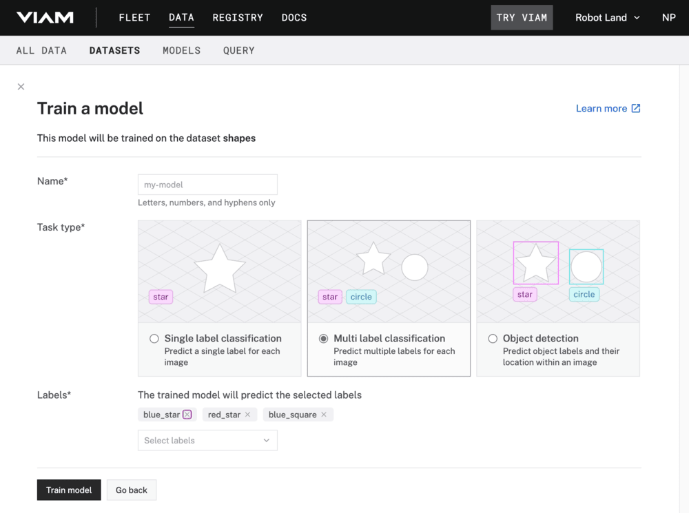 The data tab showing the train a model pane